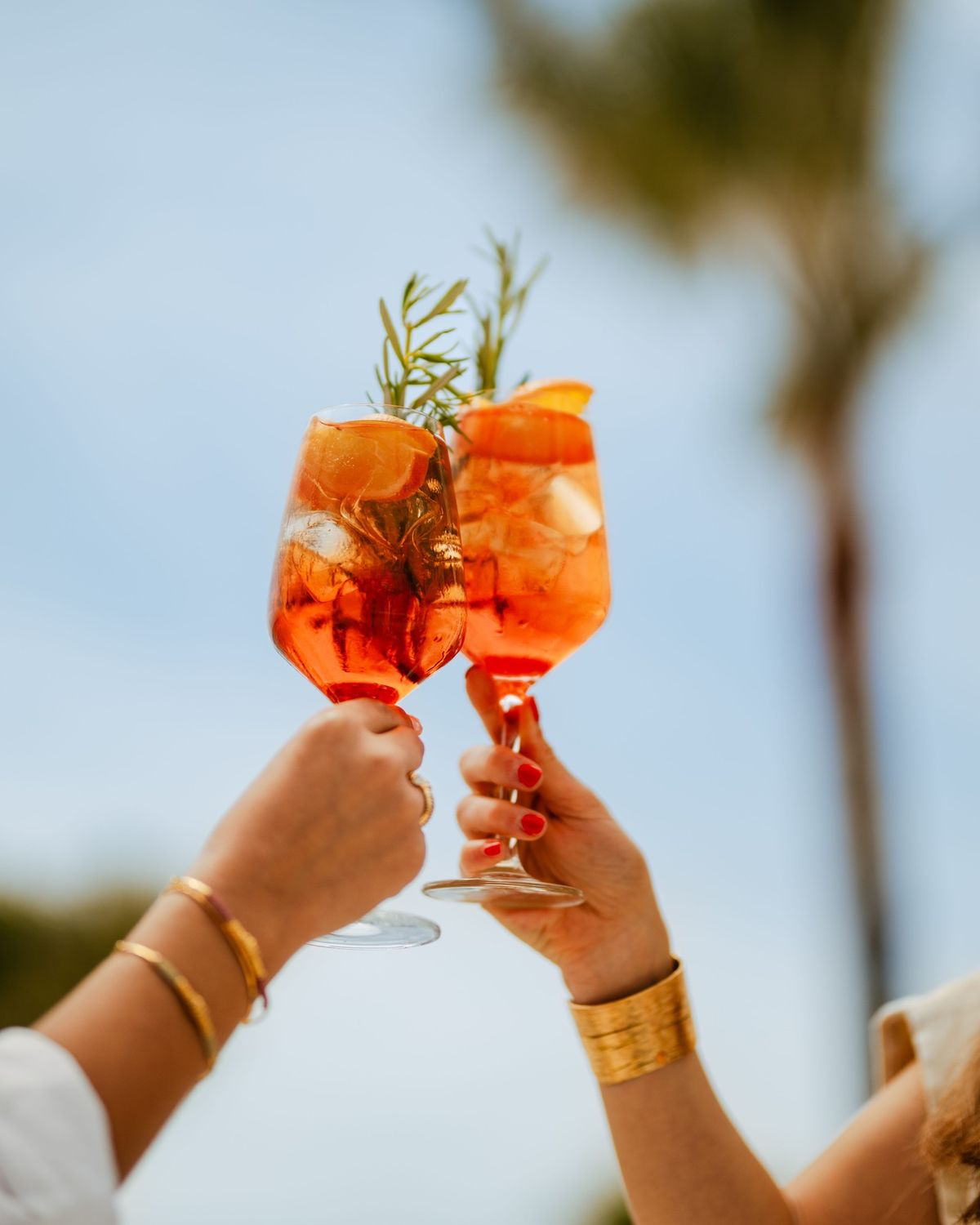 Due calici di spritz si brindano contro il cielo azzurro e le palme