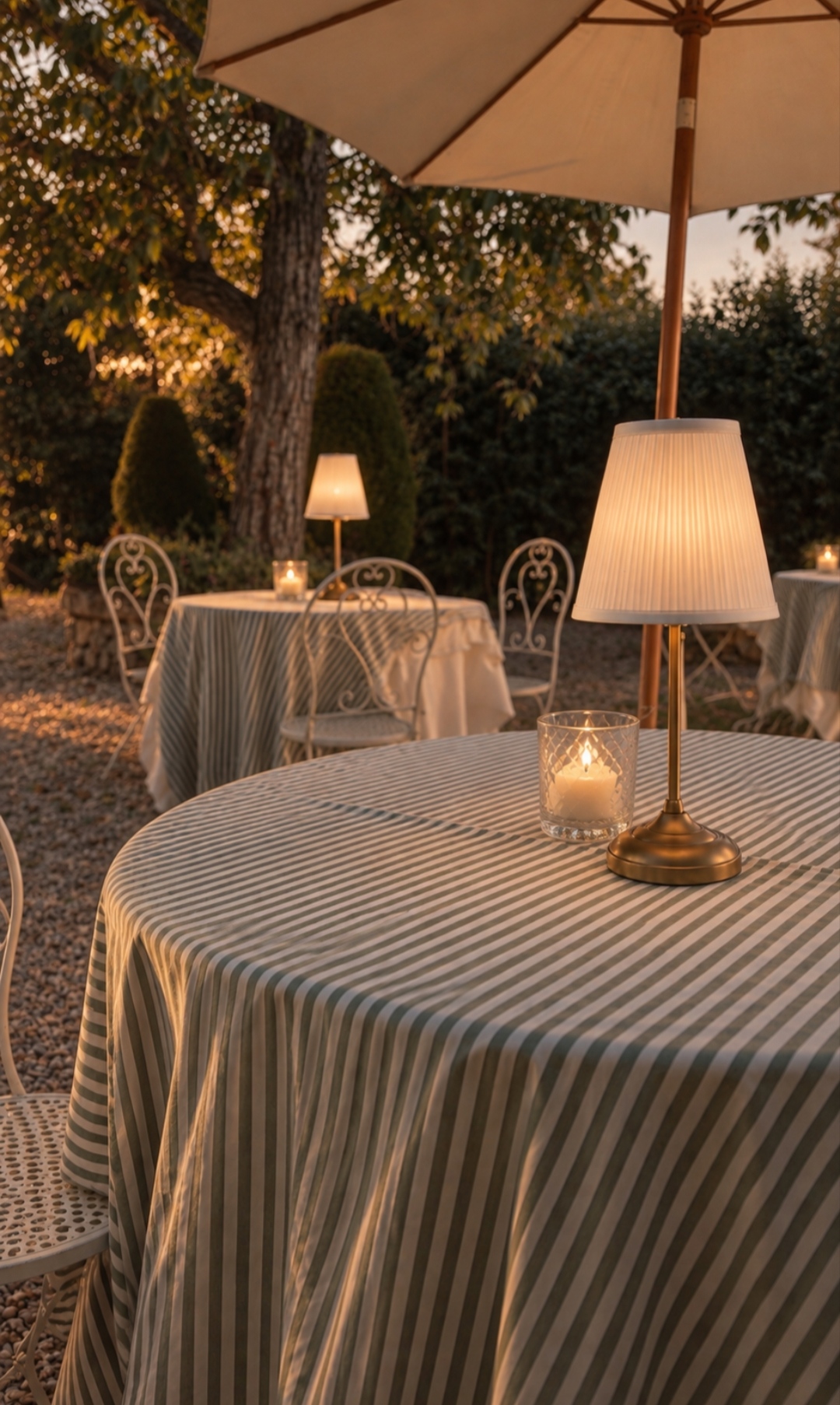 Tavoli rotondi con tovaglie a righe e lampade sotto gli ombrelloni nel giardino al tramonto