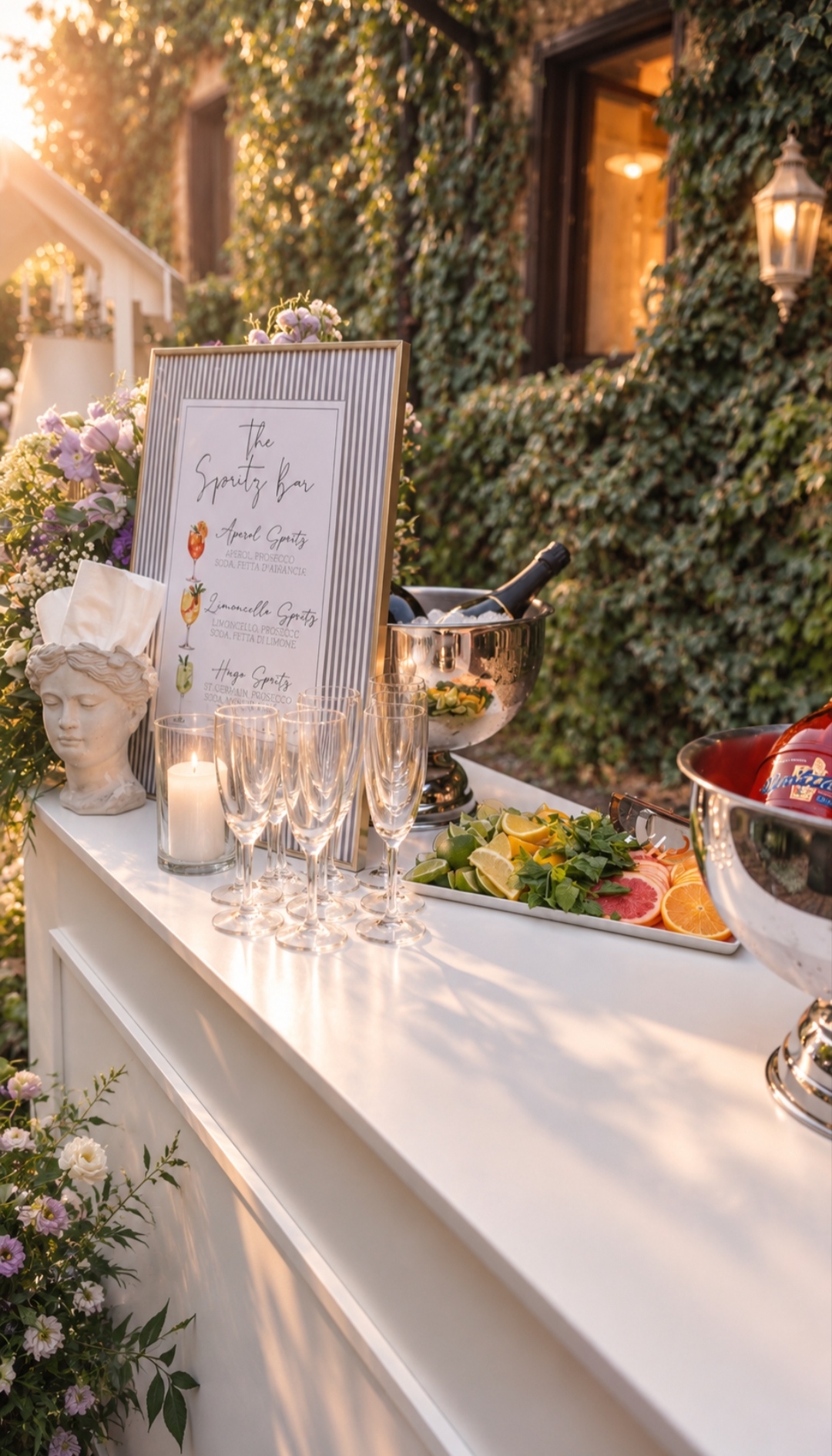 Bancone dello spritz bar con calici, fiori e insegna a Villa Sant'Erasmo
