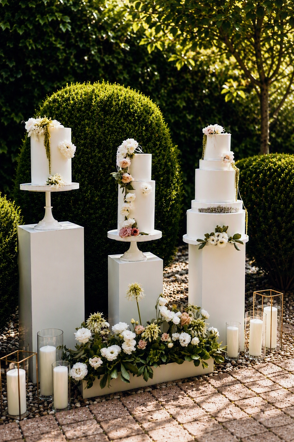 Tre torte nuziali bianche su piedistalli nel giardino di Villa Sant'Erasmo, decorate con fiori freschi e candele