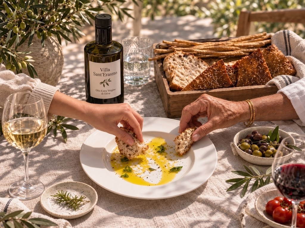 Mise en place su tovaglia di lino con ceramiche artigianali e olio d'oliva