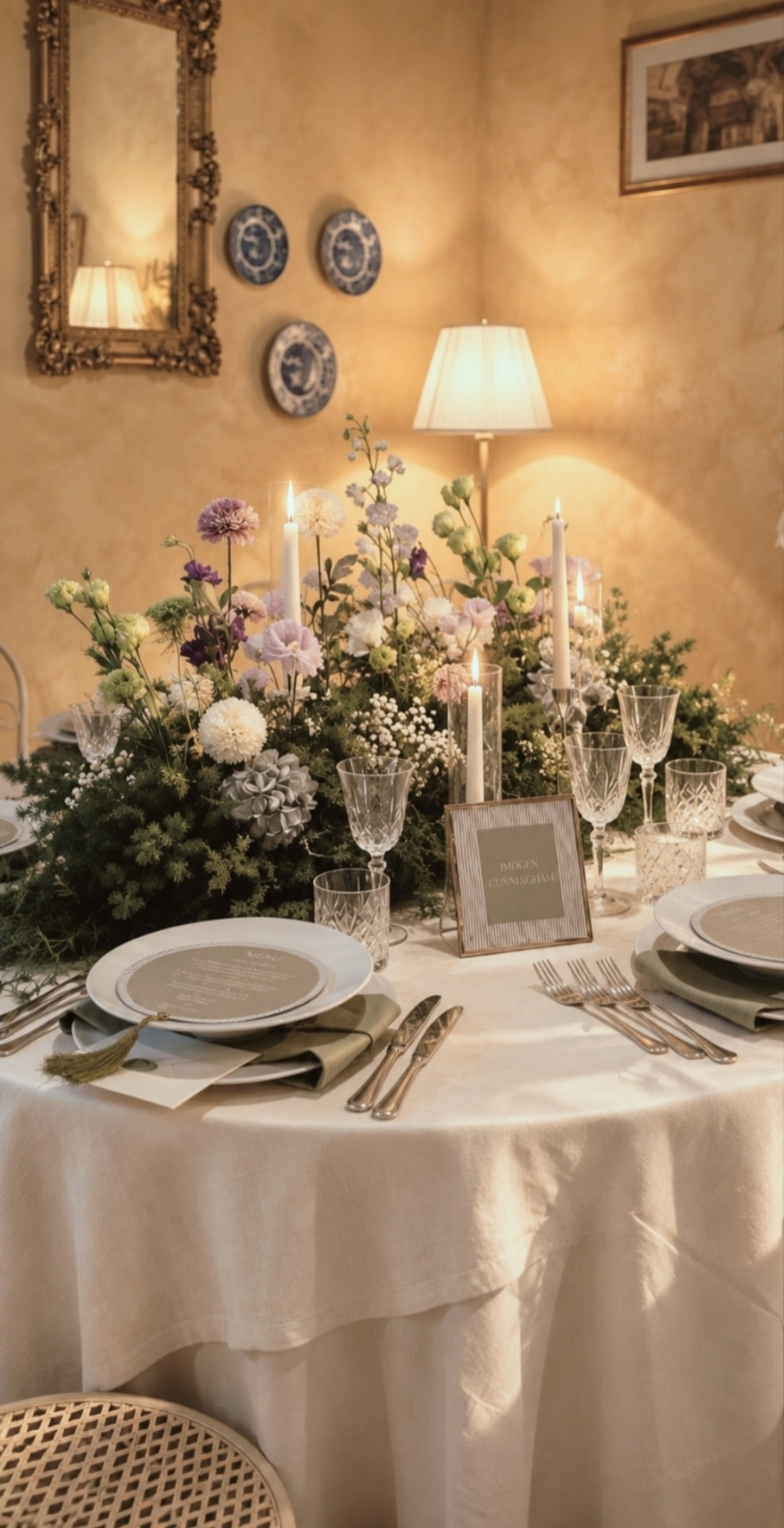 Tavola rotonda apparecchiata in una sala di Villa Sant'Erasmo con fiori e lampada