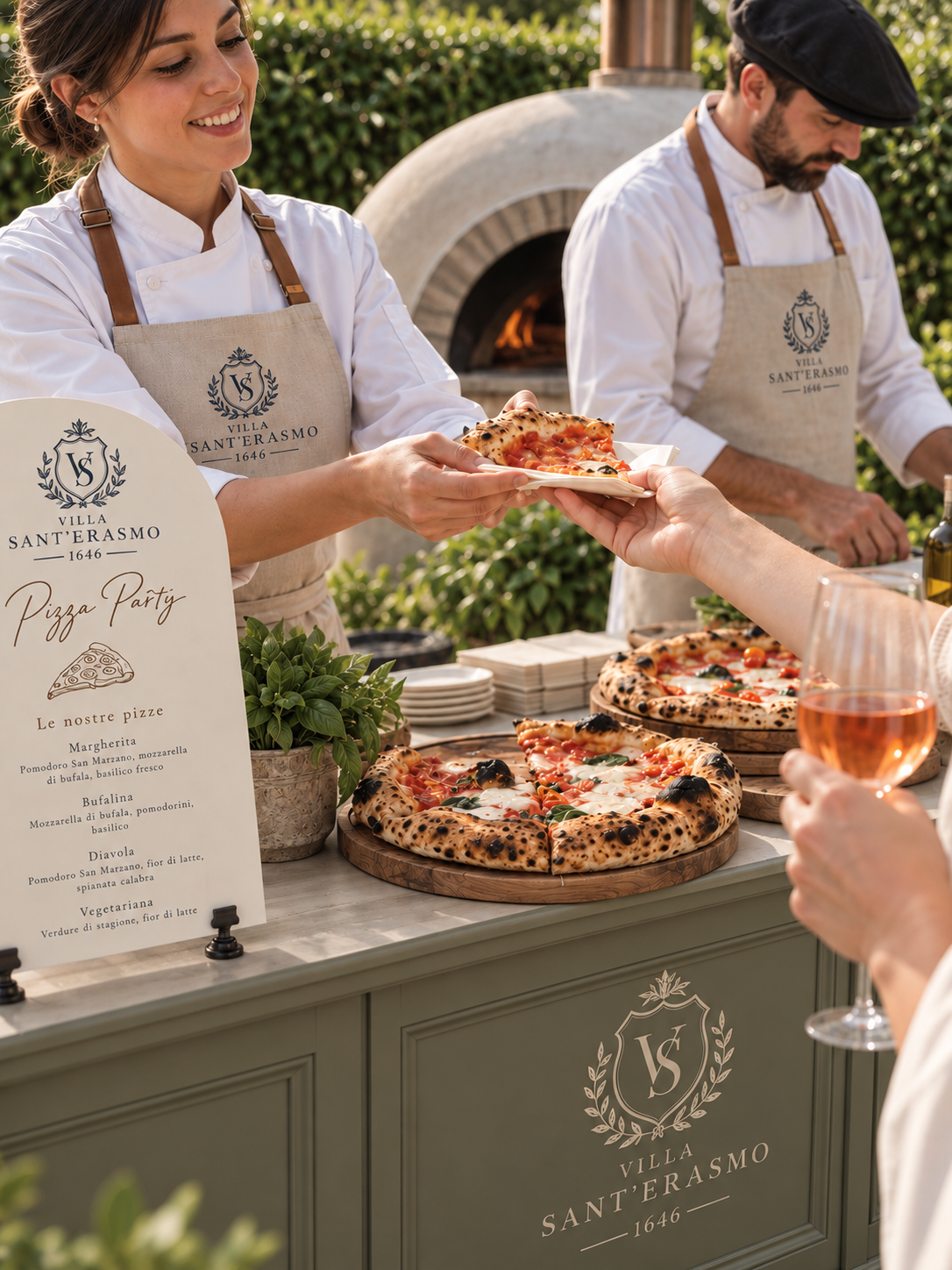 Pizza Party con forno a legna nel giardino di Villa Sant'Erasmo, servizio aggiuntivo per matrimoni