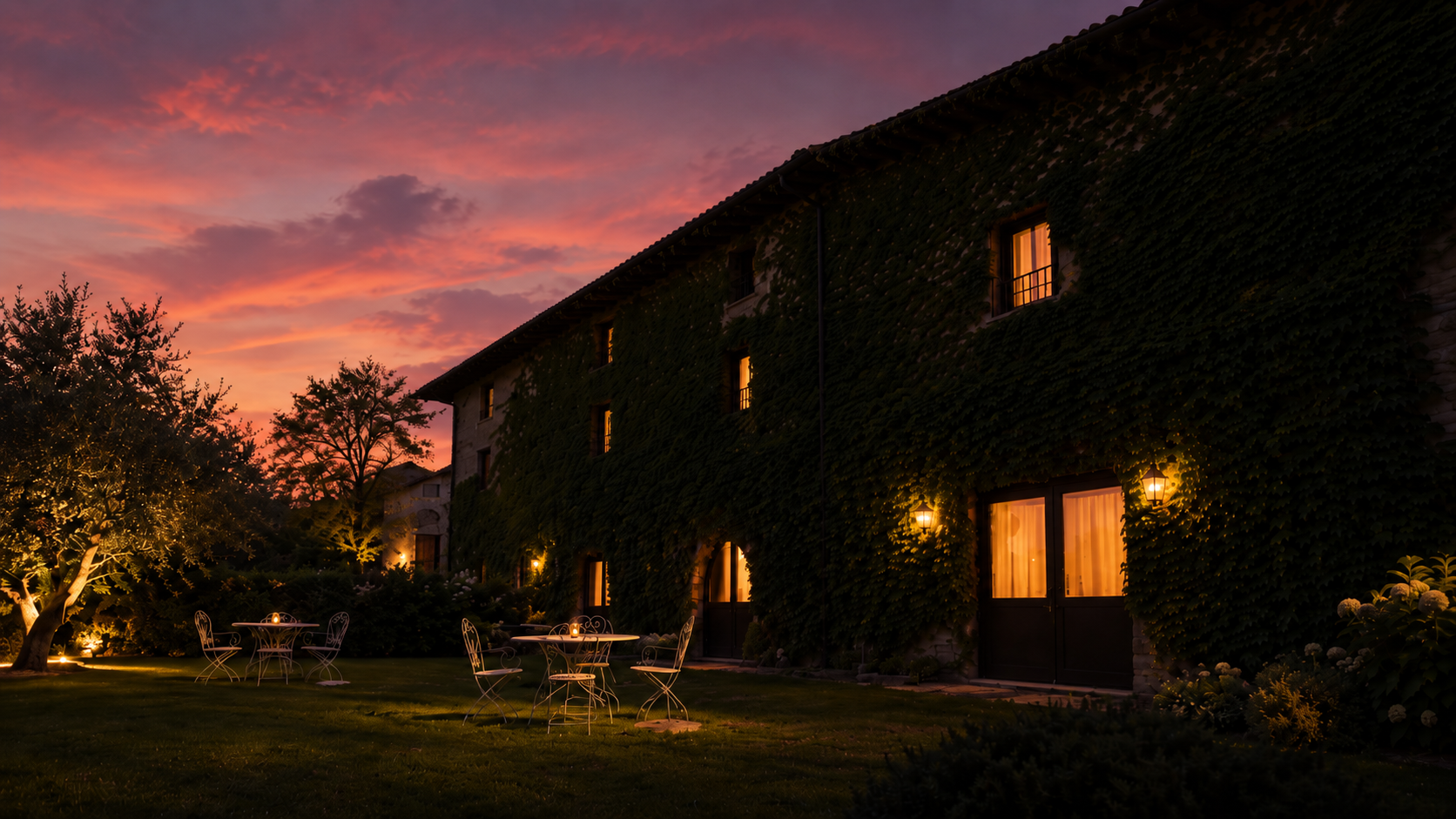 La facciata di Villa Sant'Erasmo coperta di edera, illuminata dalle lampade del giardino sotto un cielo rosa al tramonto
