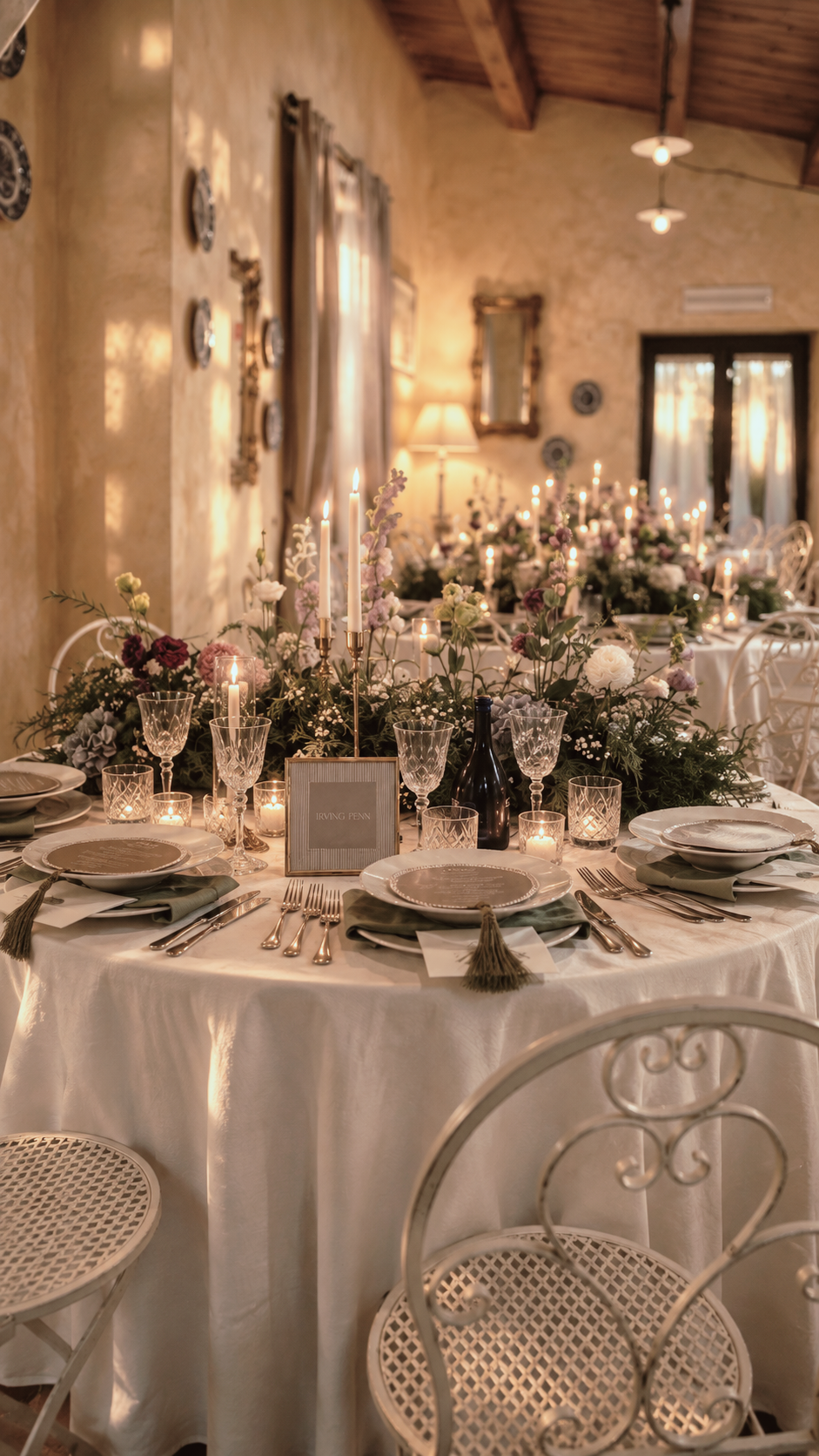 Sala allestita per un ricevimento nuziale a Villa Sant'Erasmo, con tavola, candele e fiori