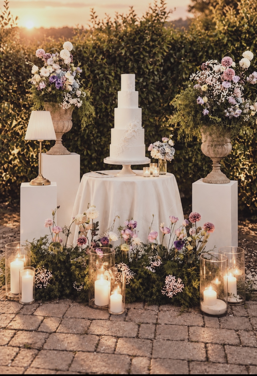 Torta nuziale bianca su tavolo con fiori, candele e lampade nel giardino al tramonto