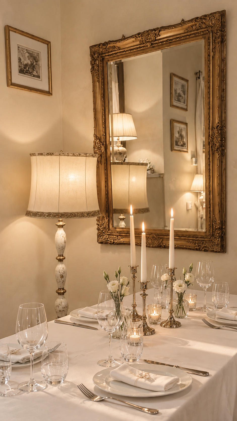 Sala da pranzo elegante di Villa Sant'Erasmo con tavola apparecchiata, candele accese e specchio dorato