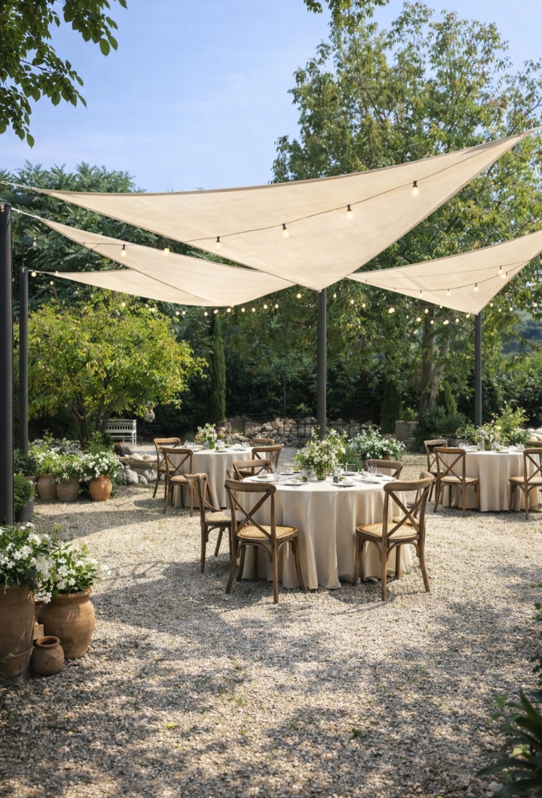 Ricevimento all'aperto nel giardino di Villa Sant'Erasmo, tavoli rotondi sotto vele e lucine