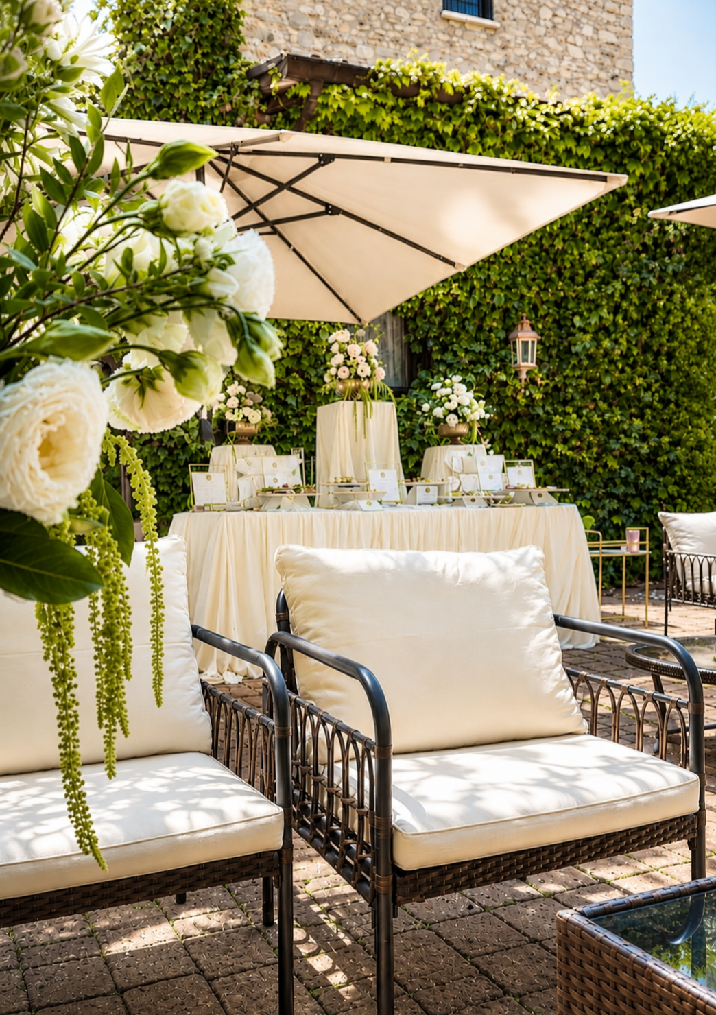 Buffet allestito nel giardino di Villa Sant'Erasmo per un matrimonio, con fiori bianchi, ombrellone e sedie in vimini