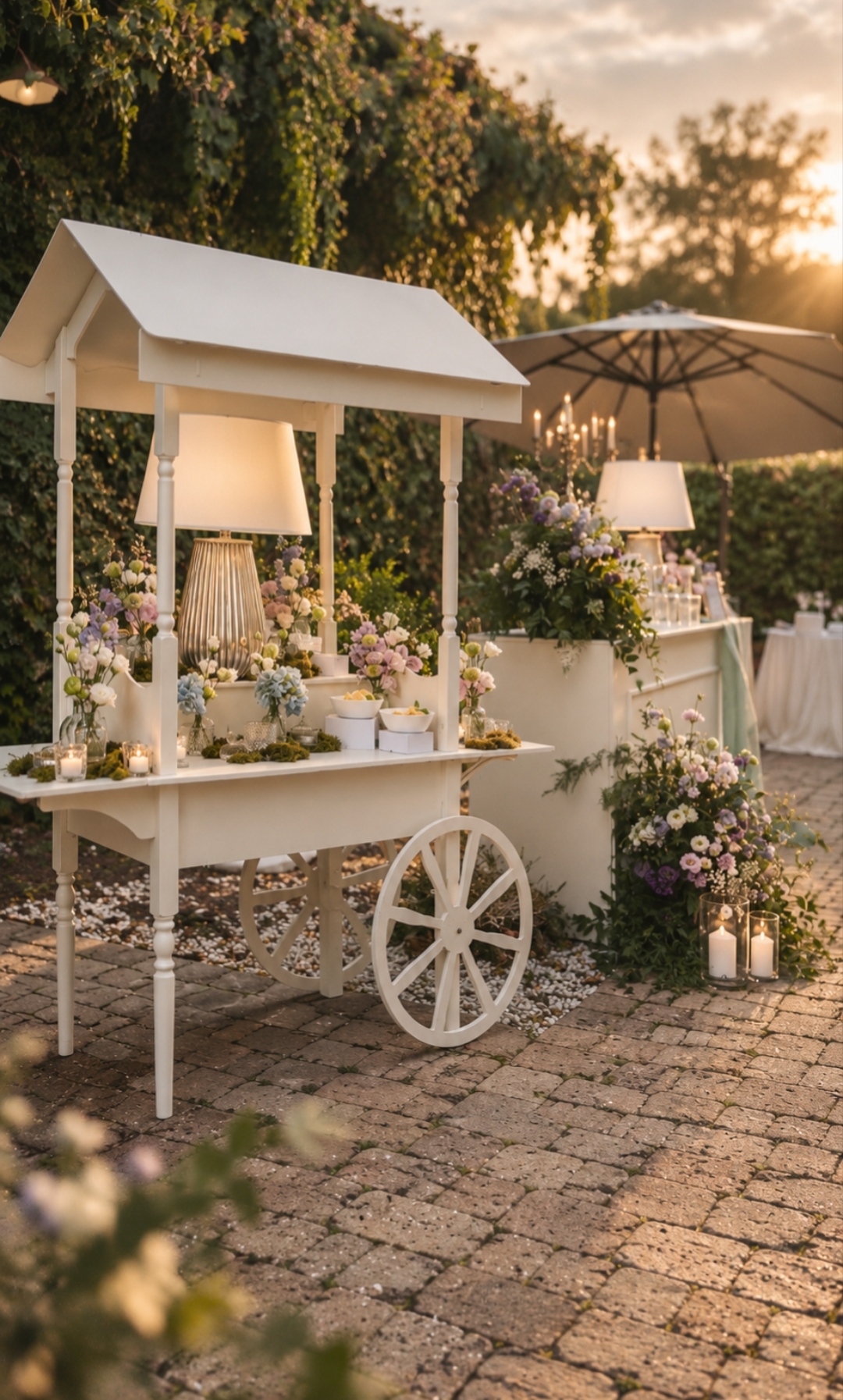 Carretto bianco allestito con fiori e lampade nel giardino al tramonto
