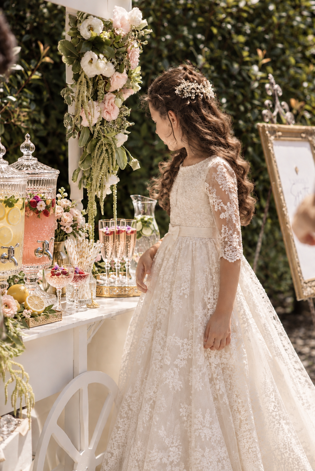 Festeggiata in abito bianco accanto al carretto delle bevande nel giardino di Villa Sant'Erasmo
