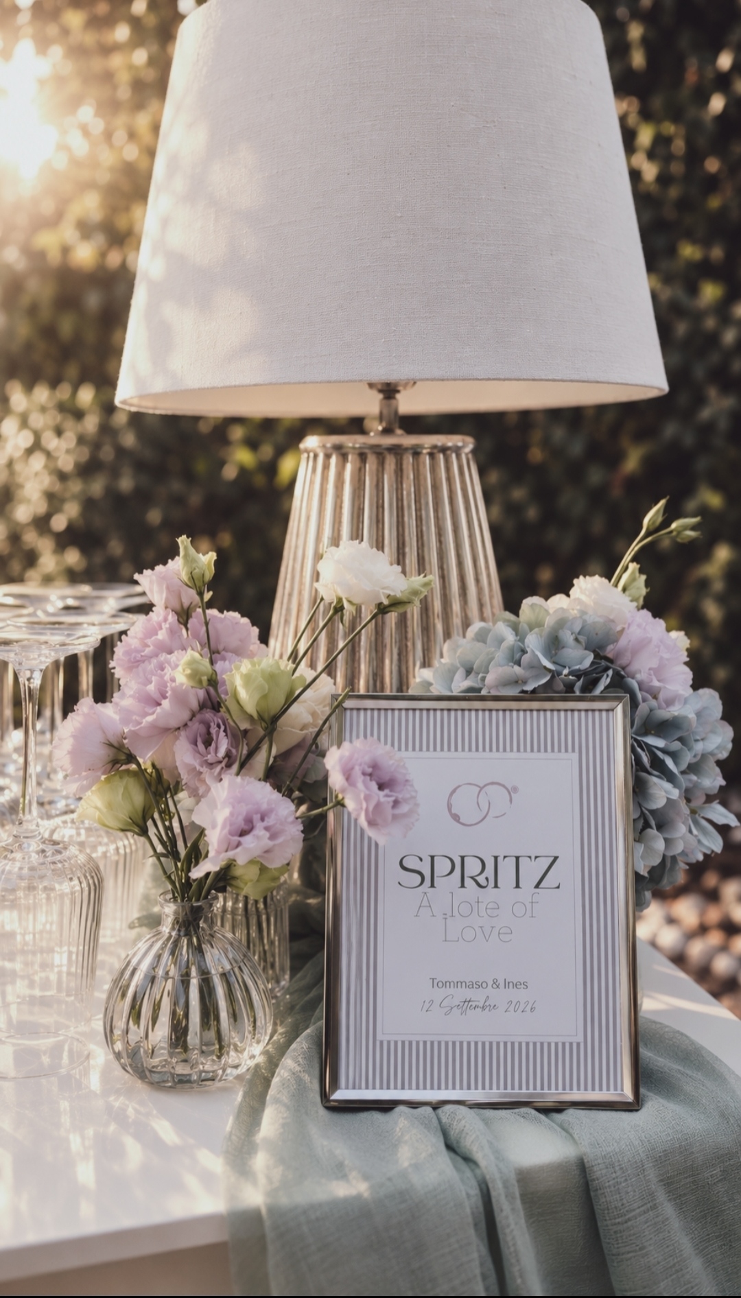 Lampada in vetro e insegna Spritz con fiori sul bancone dell'aperitivo