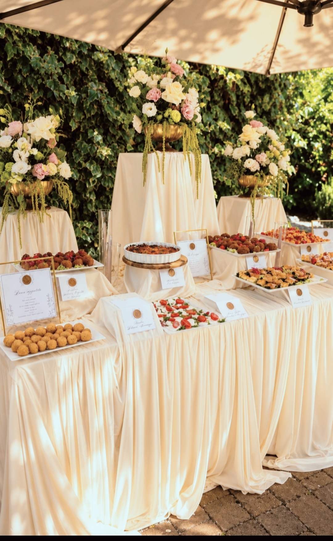 Buffet salato allestito in giardino con composizioni floreali