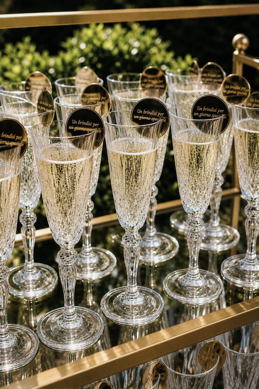 Calici di champagne apparecchiati per un brindisi nel giardino di Villa Sant'Erasmo al tramonto