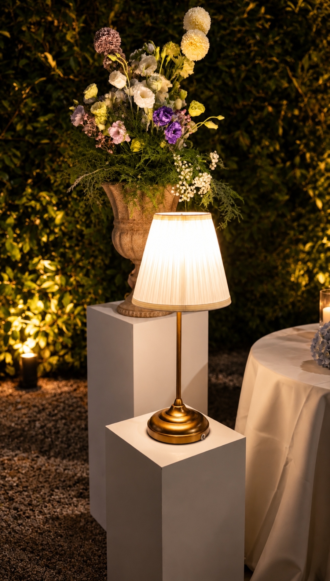 Vaso in pietra con fiori e lampada accesa su colonna nel giardino