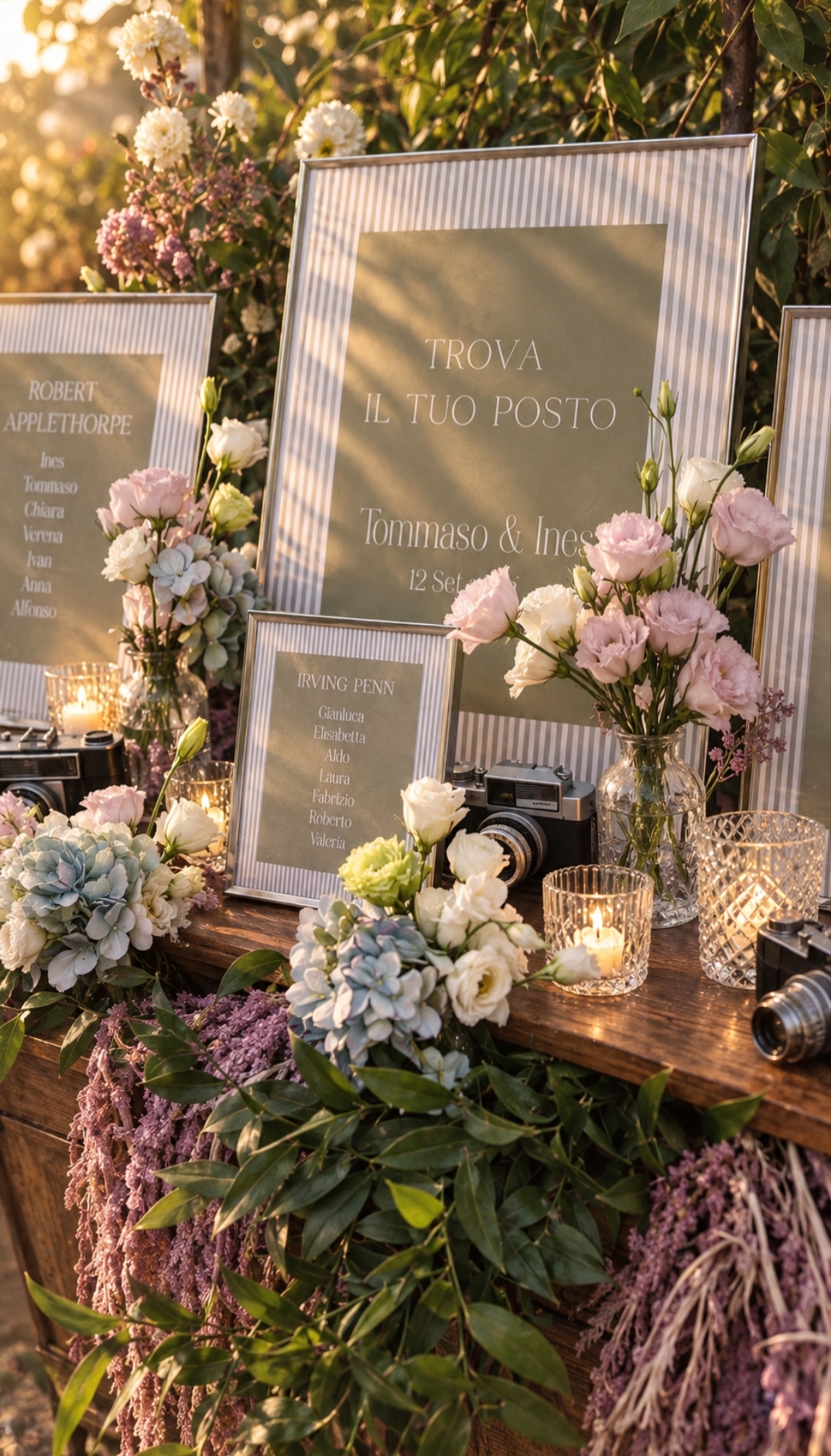 Tableau de mariage con cornici, fiori e candele all'ingresso di Villa Sant'Erasmo