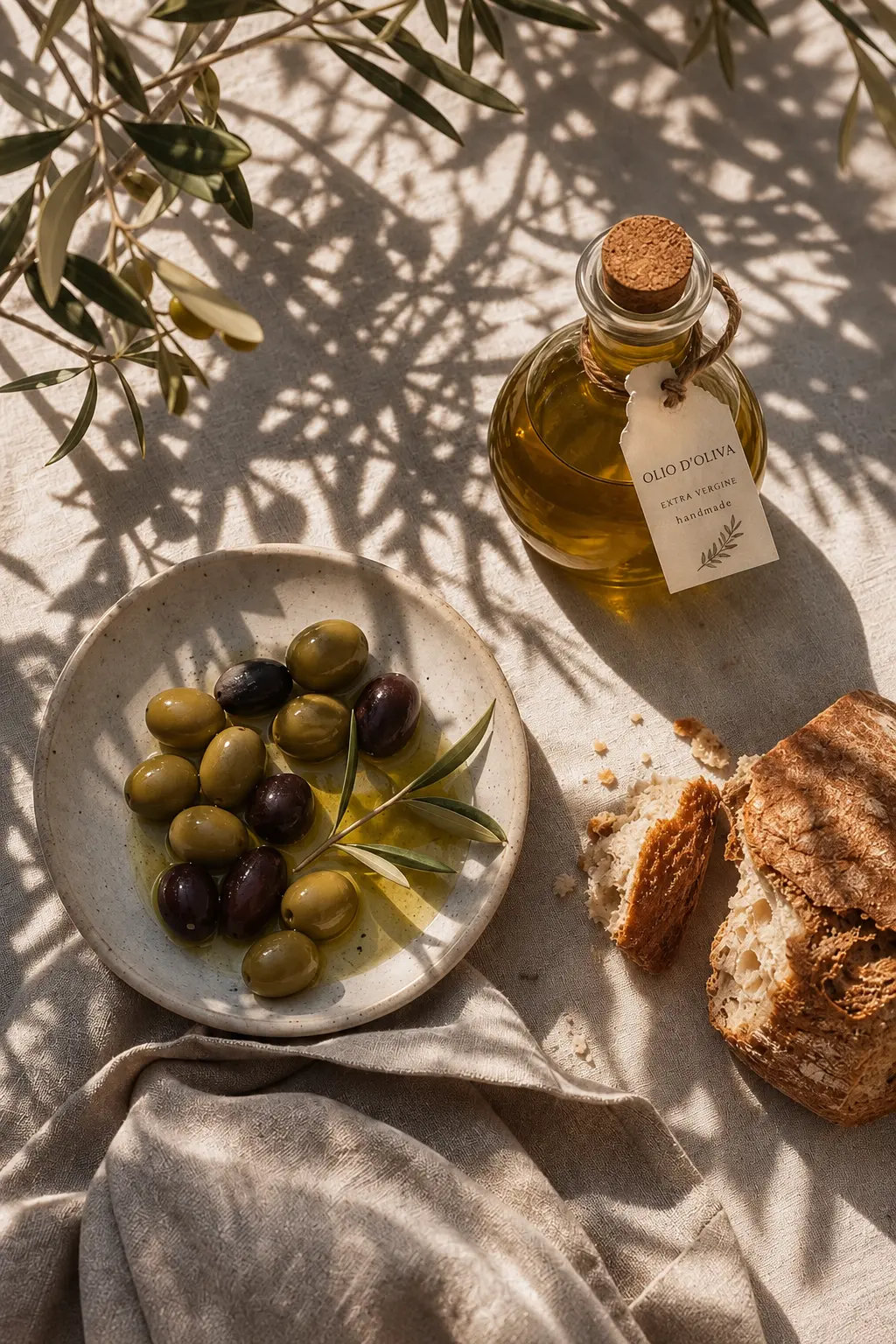Olio extravergine, olive e pane su tavola di lino, produzioni dell'azienda agricola di Villa Sant'Erasmo