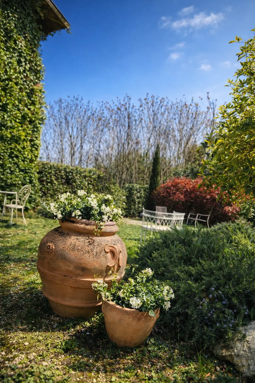 Orci in terracotta colmi di fiori nel giardino di Villa Sant'Erasmo