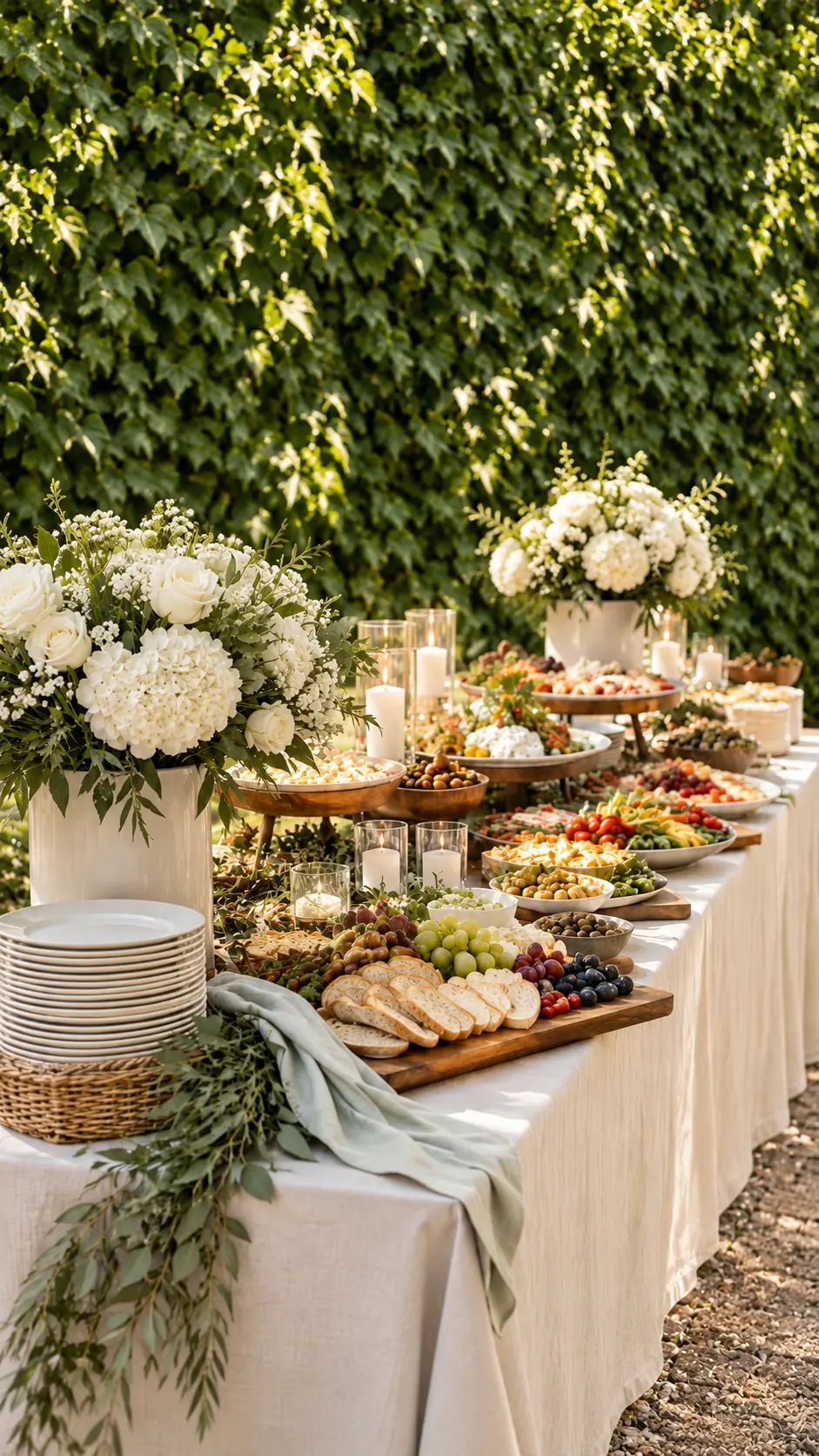 Tavolo del buffet nel giardino di Villa Sant'Erasmo con pane, uva, formaggi, olive e fiori bianchi