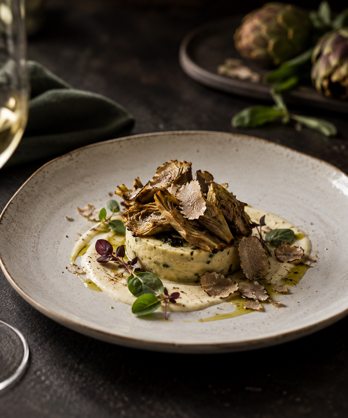 Piatto di carciofi e tartufo: una preparazione stagionale del ristorante di Villa Sant'Erasmo, nata dalle produzioni dell'azienda agricola