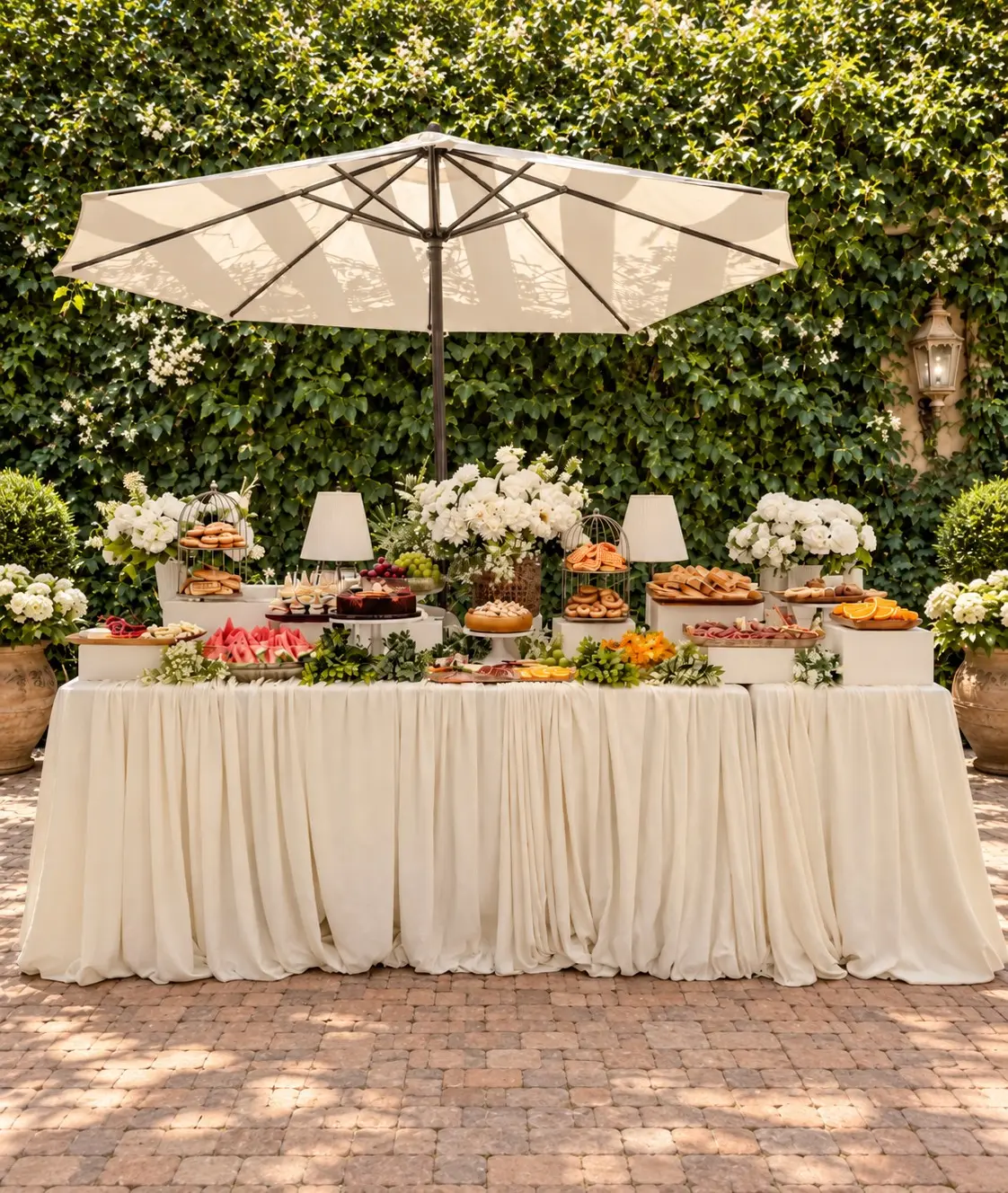 Tavolo degli antipasti nel giardino di Villa Sant'Erasmo con pane, olive, uva e fiori bianchi