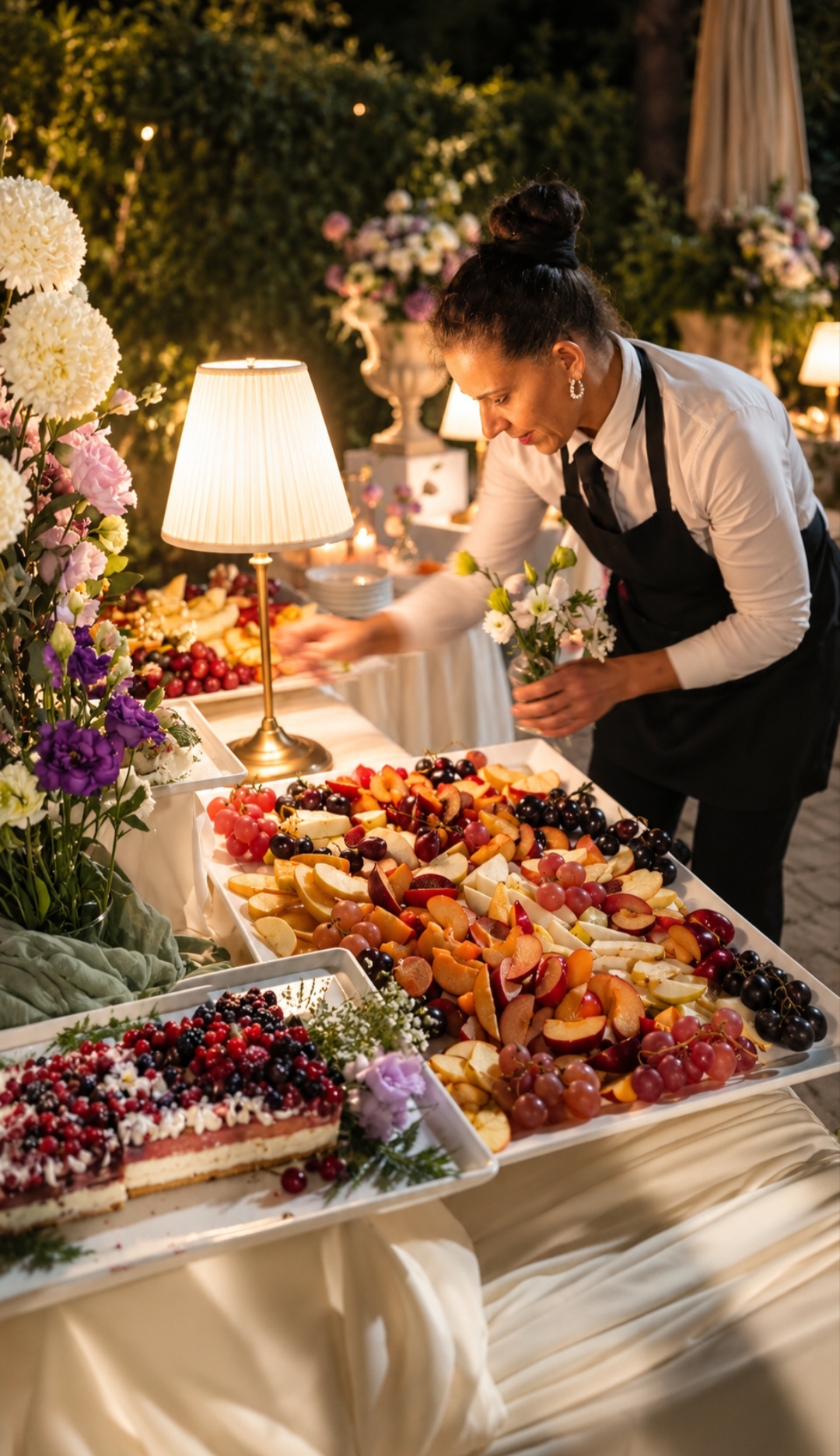Cameriera che compone il buffet di frutta fresca e dolci durante un ricevimento a Villa Sant'Erasmo