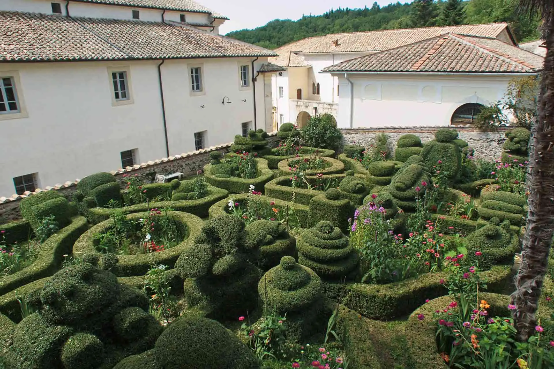 Il giardino dei semplici della Certosa di Trisulti con siepi topiarie tra i edifici del monastero