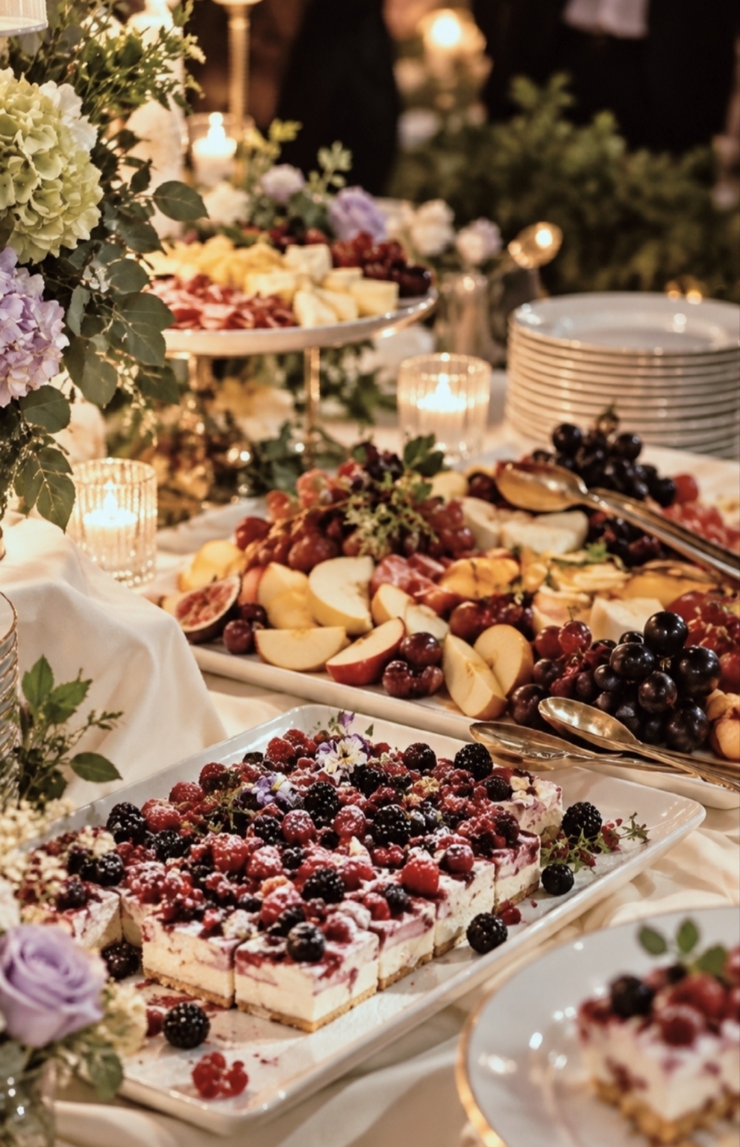 Vassoi di frutta, torte ai frutti di bosco e dolci al buffet del ricevimento