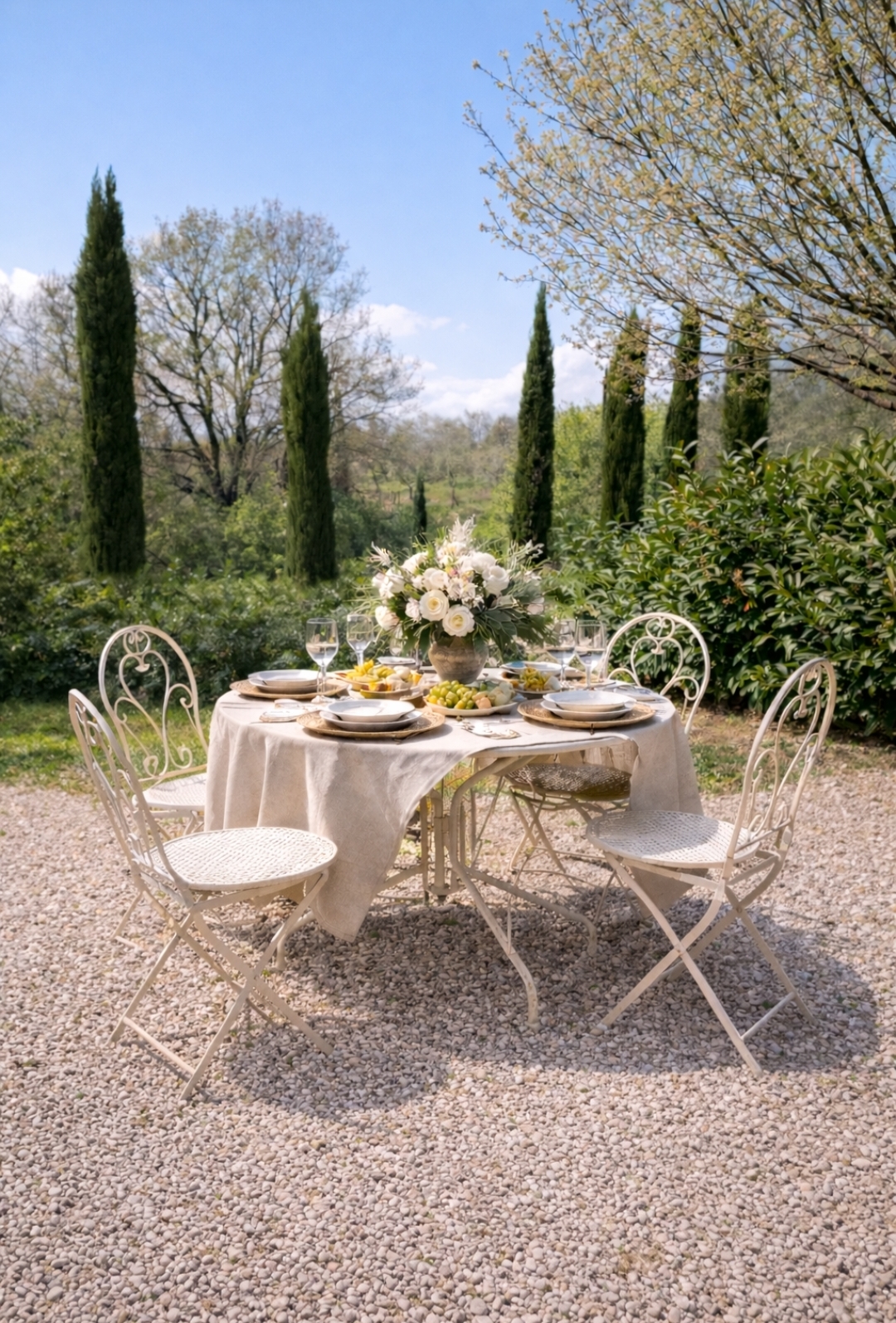 Tavola apparecchiata in giardino tra i cipressi di Villa Sant'Erasmo