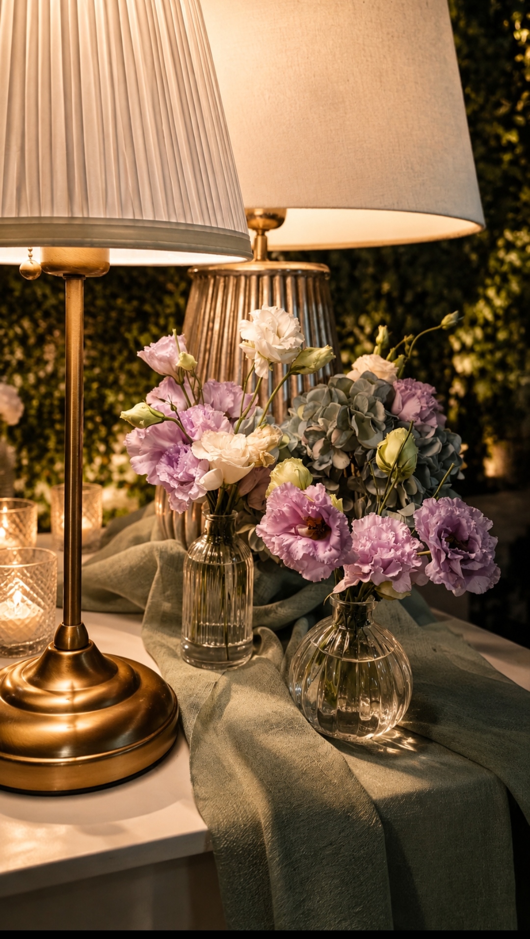Lampada in ottone e vasi di lisianthus su tavolo con velo di lino verde