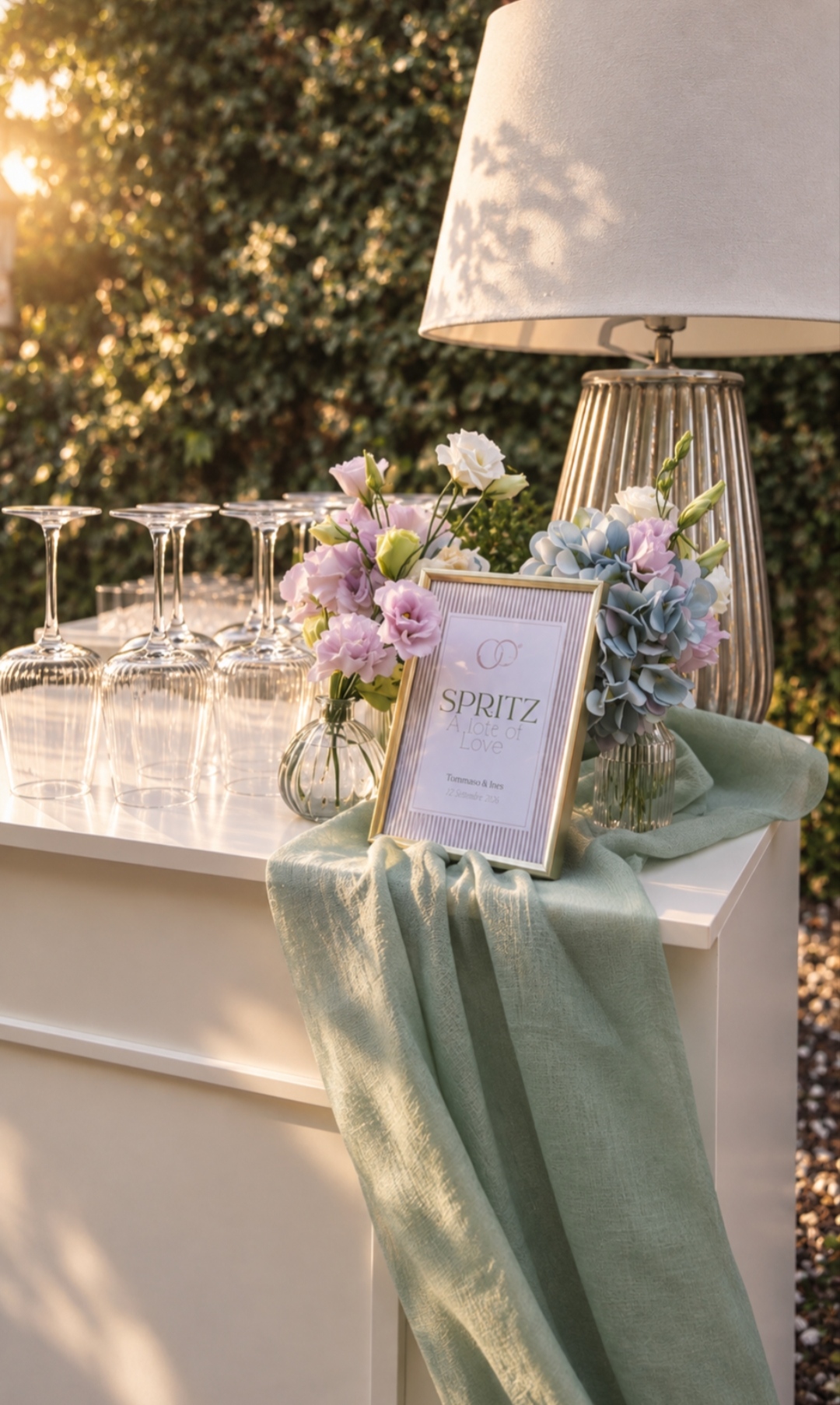 Banco bianco con velo di lino verde, calici e fiori nel giardino della Villa