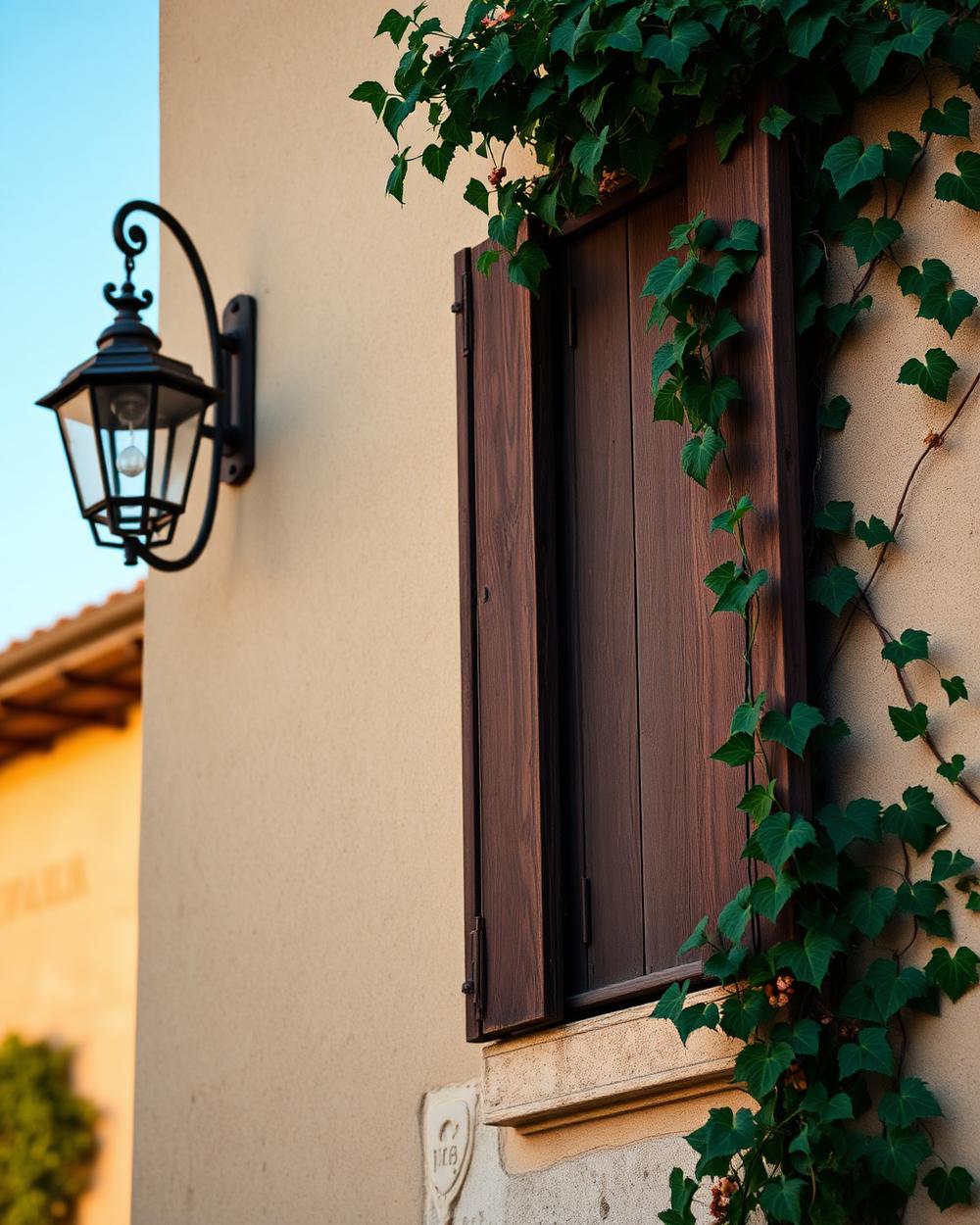 Architectural detail: wooden shutter and iron lantern