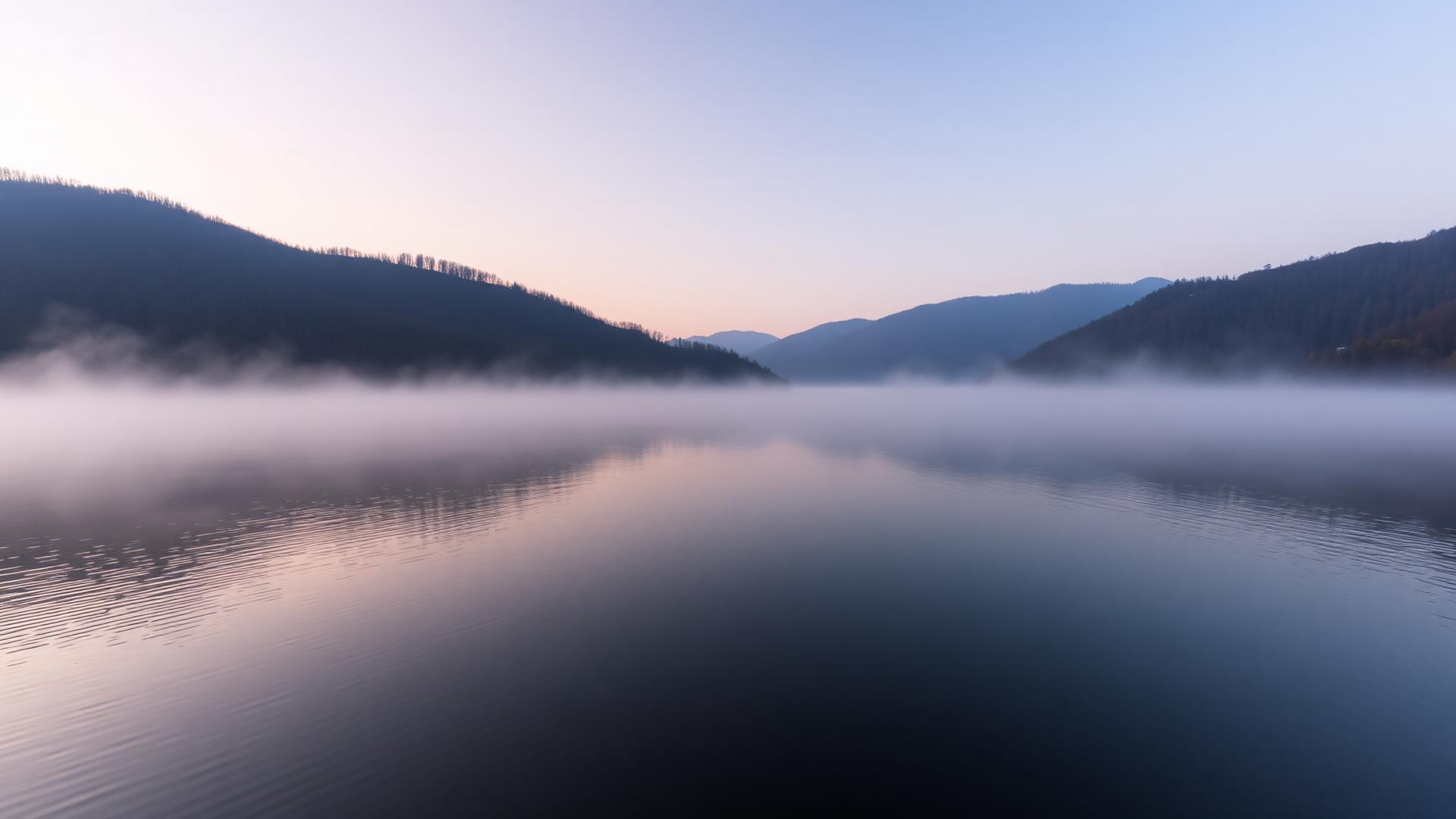 Il Lago di Canterno circondato da colline boscose all'alba