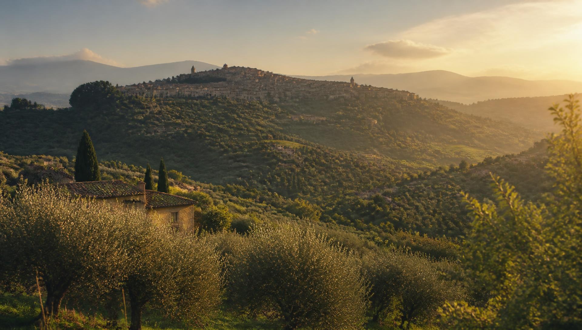Il paesaggio collinare della Ciociaria al tramonto, con un borgo storico sullo sfondo